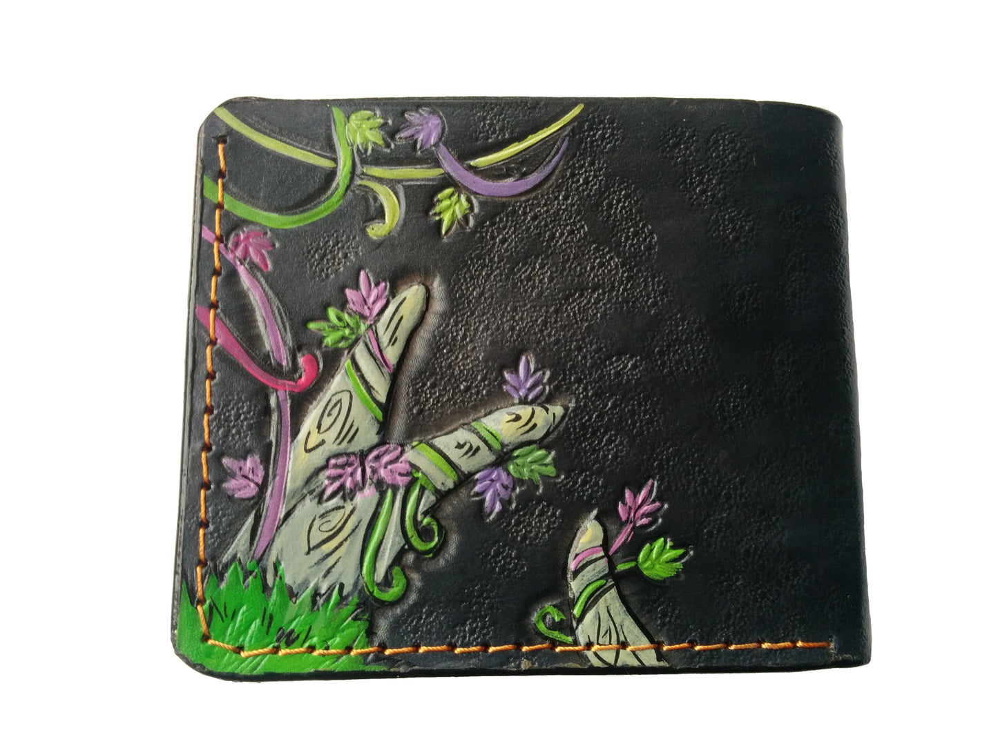 Handmade Odin Raven Huginn & Muninn bifold leather wallet. Embossed Crow with gothic fantasy art. Features RFID protection.