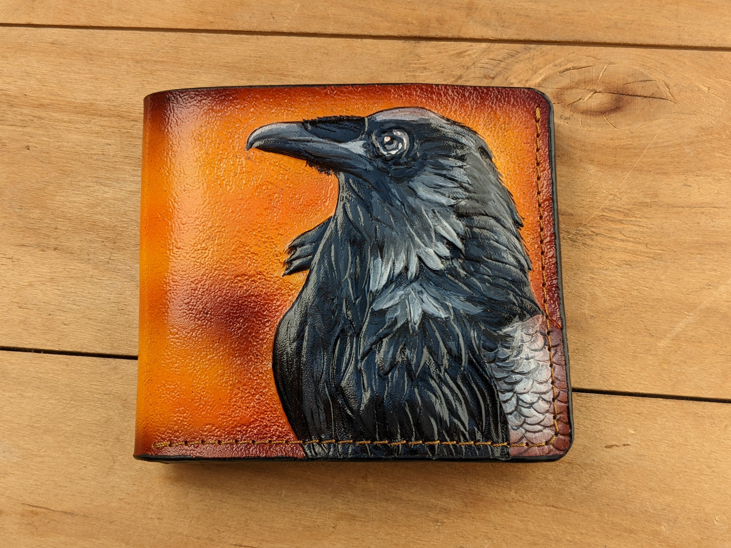 Handmade Odin Raven Huginn & Muninn bifold leather wallet. Embossed Crow with gothic fantasy art. Features RFID protection.