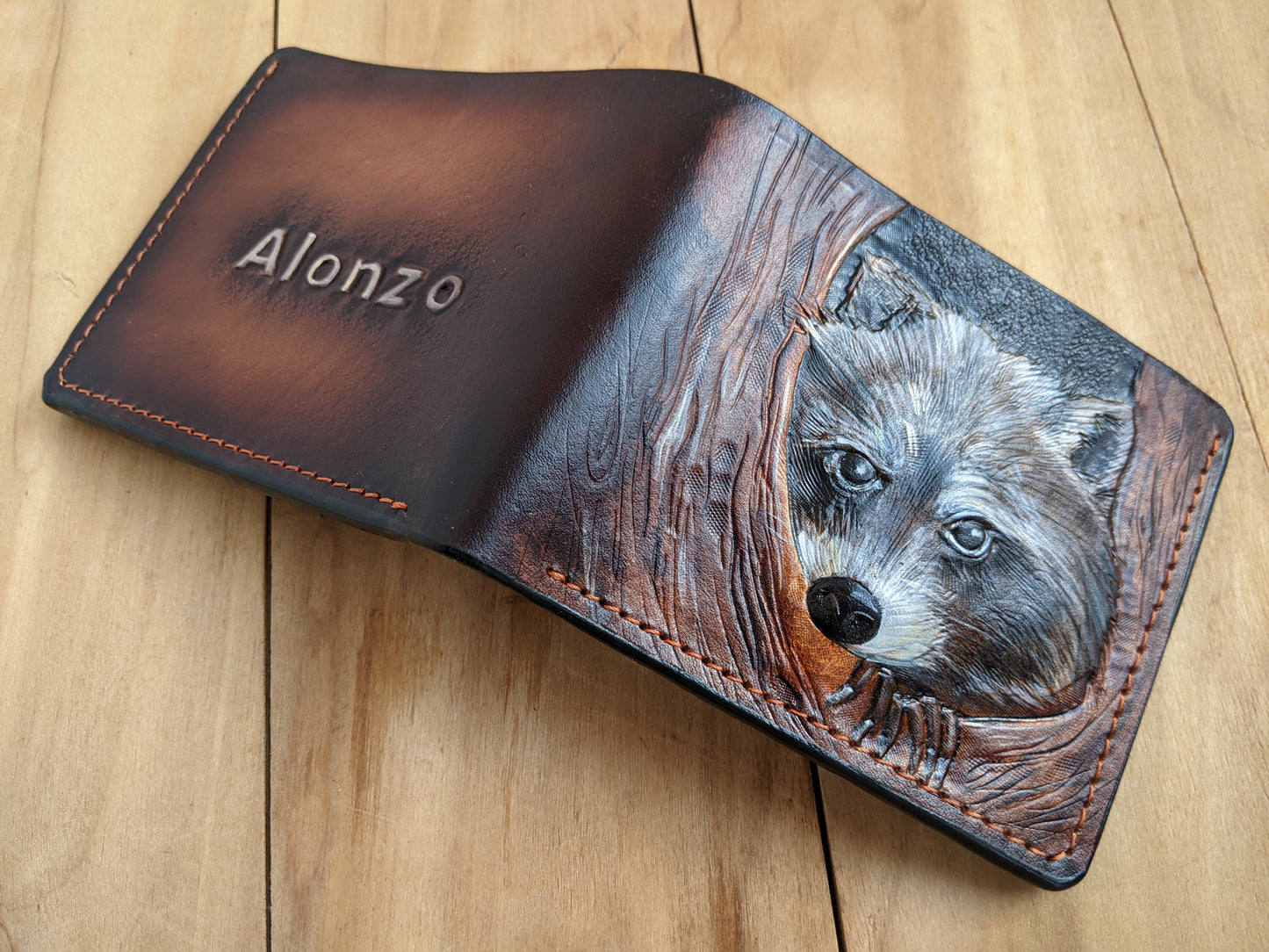 M1A11, Raccoon, Coon Hunting Embossed Bifold Leather Wallet