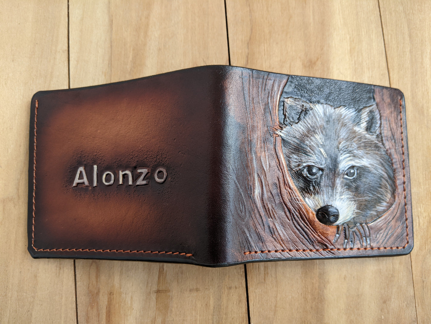 M1A11, Raccoon, Coon Hunting Embossed Bifold Leather Wallet