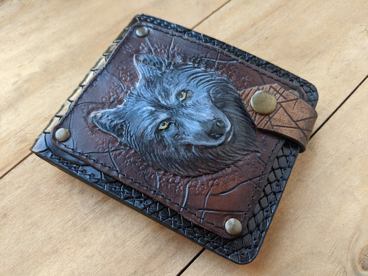 M1A15, Gray Wolf Paw Handmade Embossed Bifold Leather Wallet