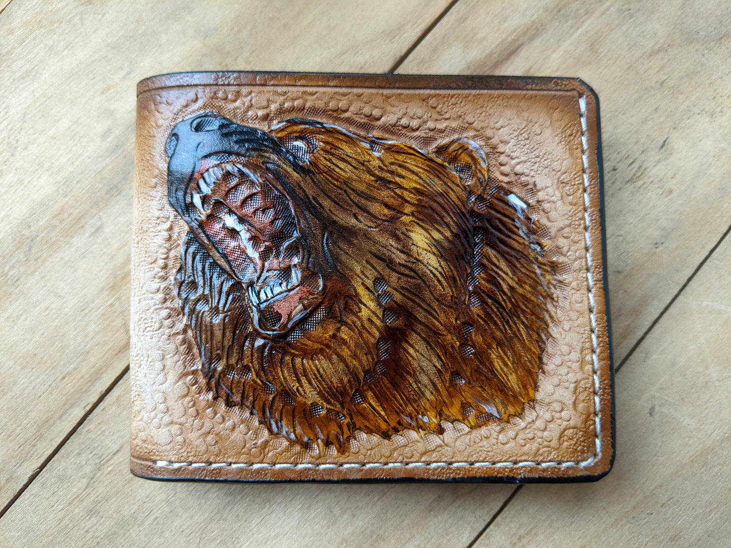 M1A21, Grizzly Bear Handmade Embossed Bifold Leather Wallet