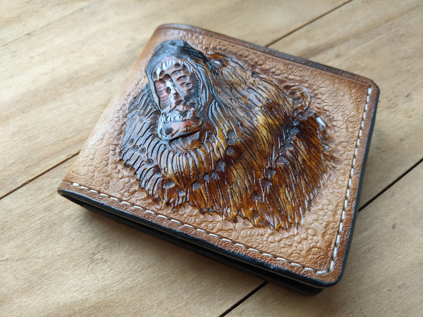 M1A21, Grizzly Bear Handmade Embossed Bifold Leather Wallet