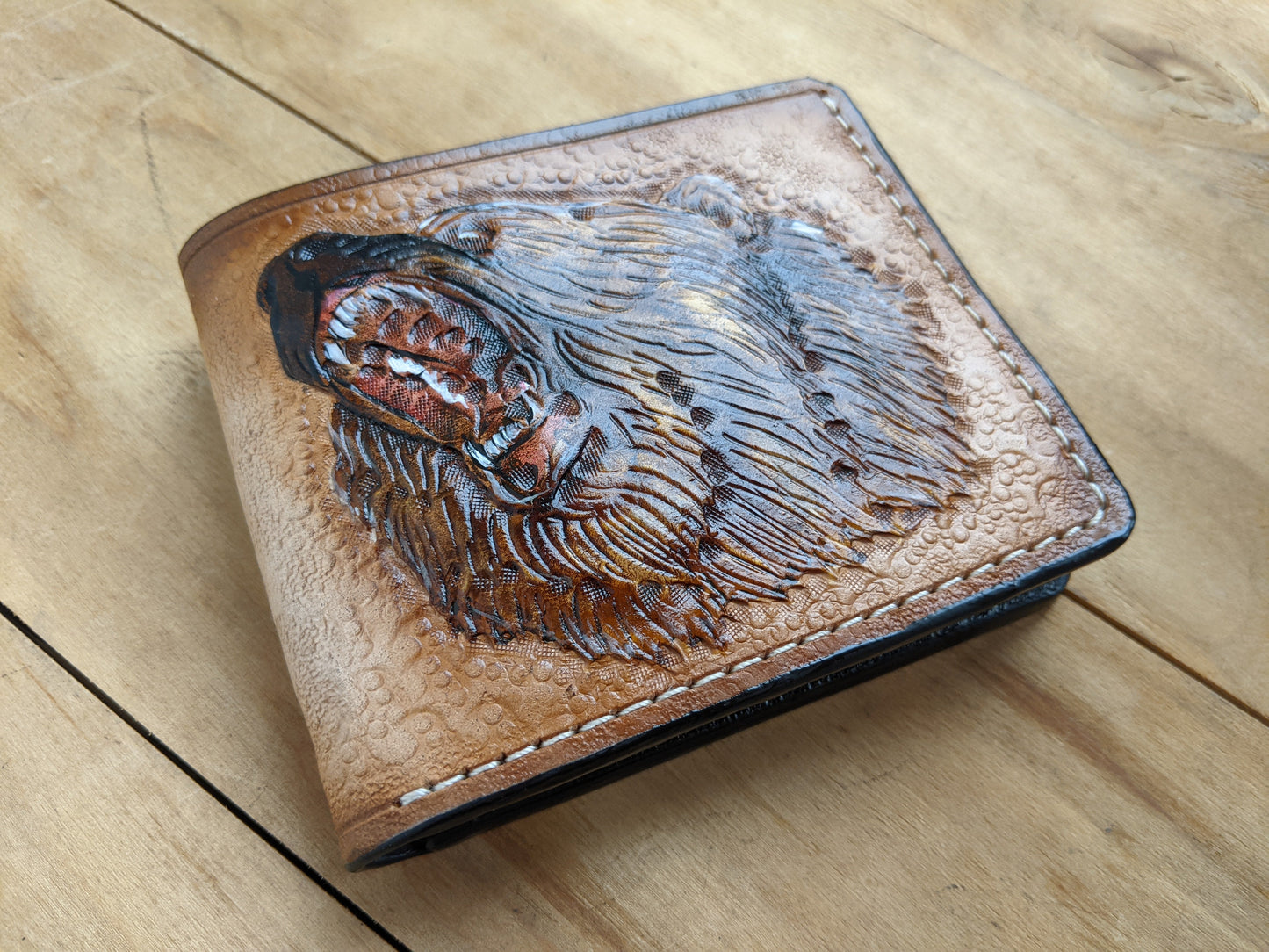 M1A21, Grizzly Bear Handmade Embossed Bifold Leather Wallet