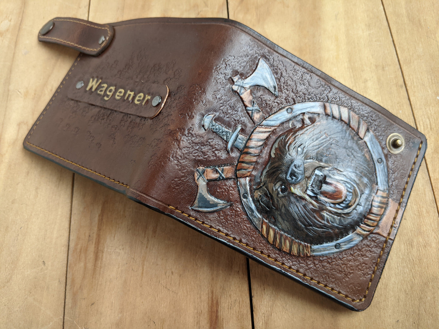 M1A20, Grizzly Bear Viking Axe & Sword Bifold Leather Wallet
