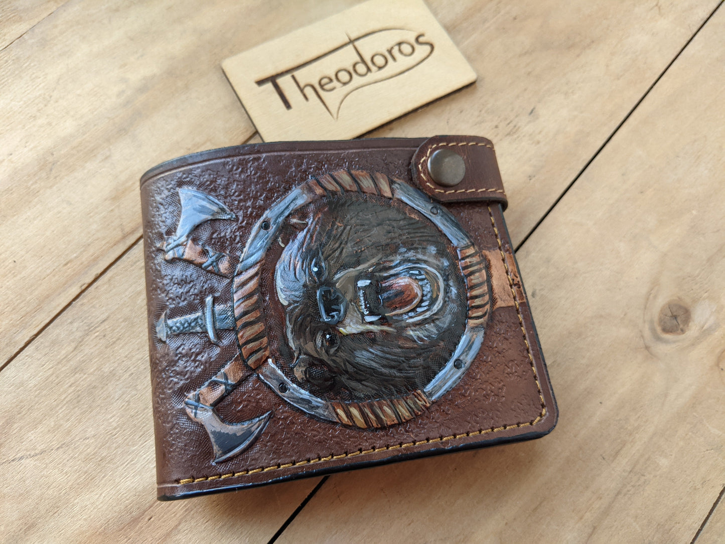 M1A20, Grizzly Bear Viking Axe & Sword Bifold Leather Wallet