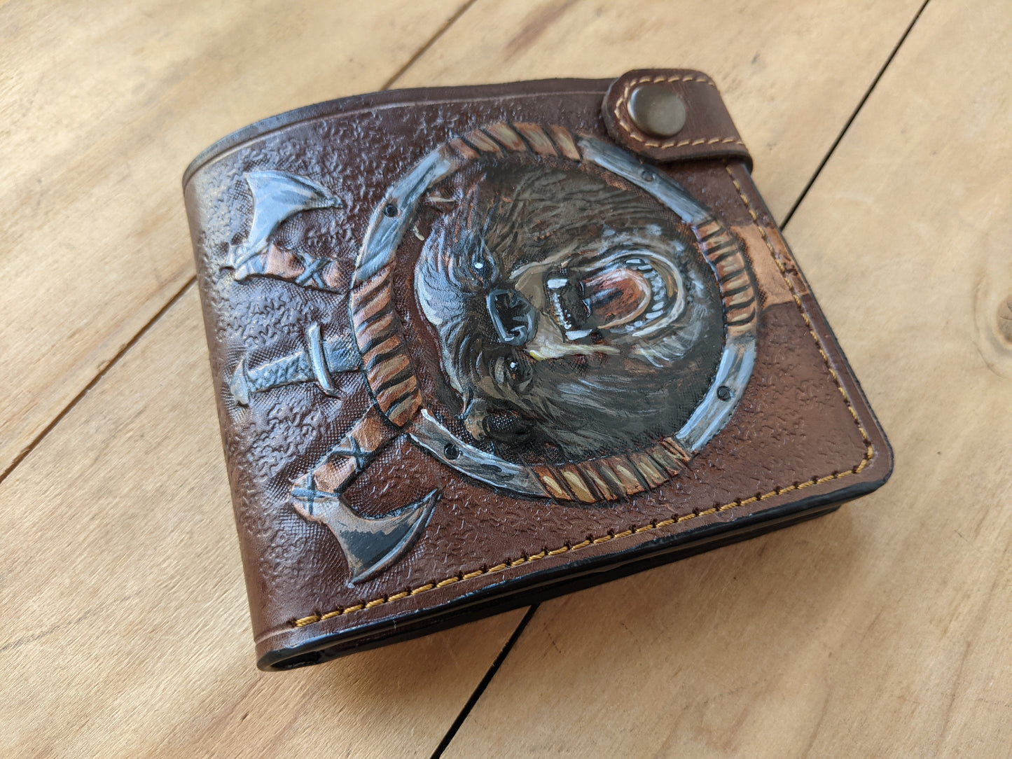 M1A20, Grizzly Bear Viking Axe & Sword Bifold Leather Wallet