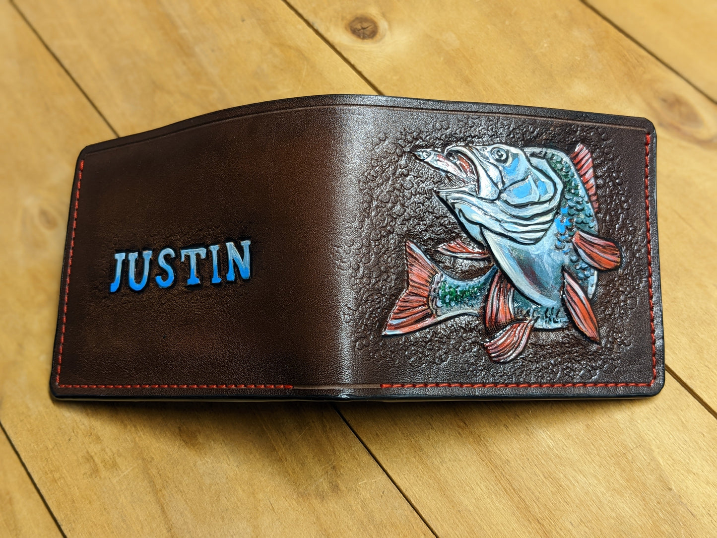 M1A22, Bass Fishing Handmade Embossed Bifold Leather Wallet