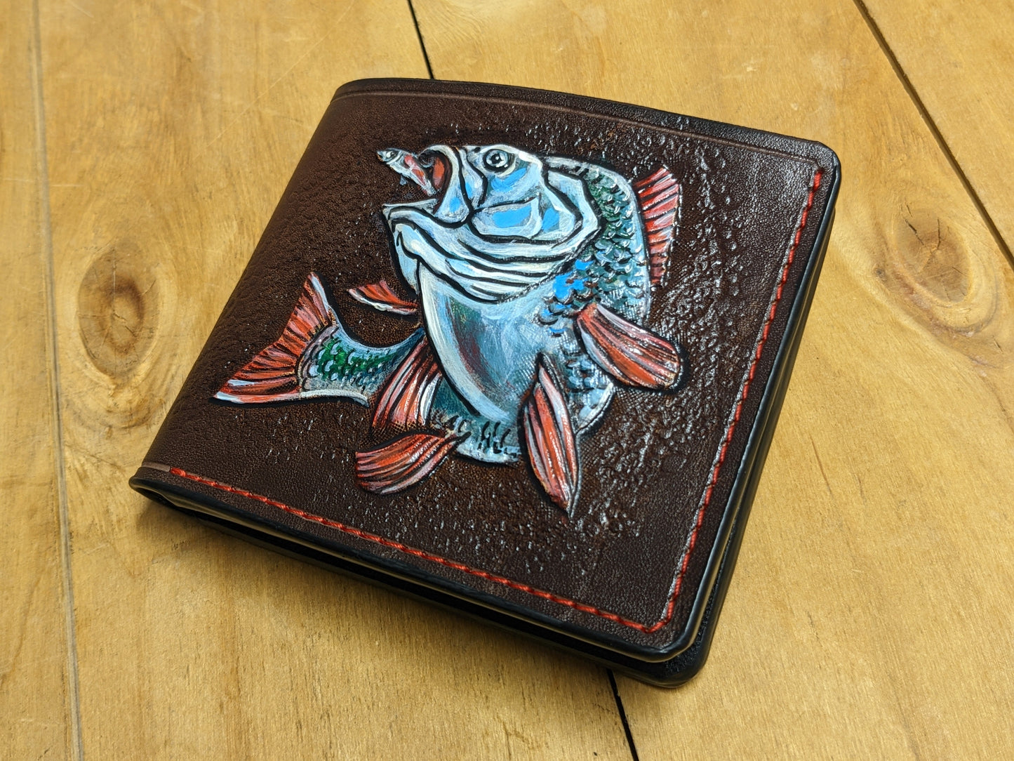 M1A22, Bass Fishing Handmade Embossed Bifold Leather Wallet