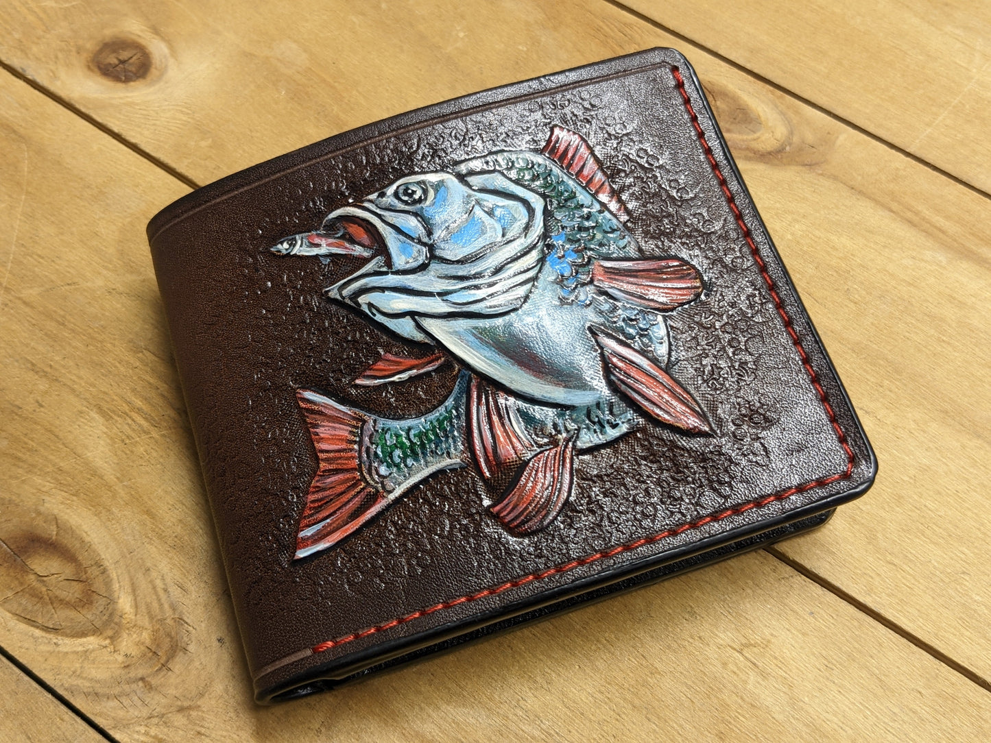 M1A22, Bass Fishing Handmade Embossed Bifold Leather Wallet