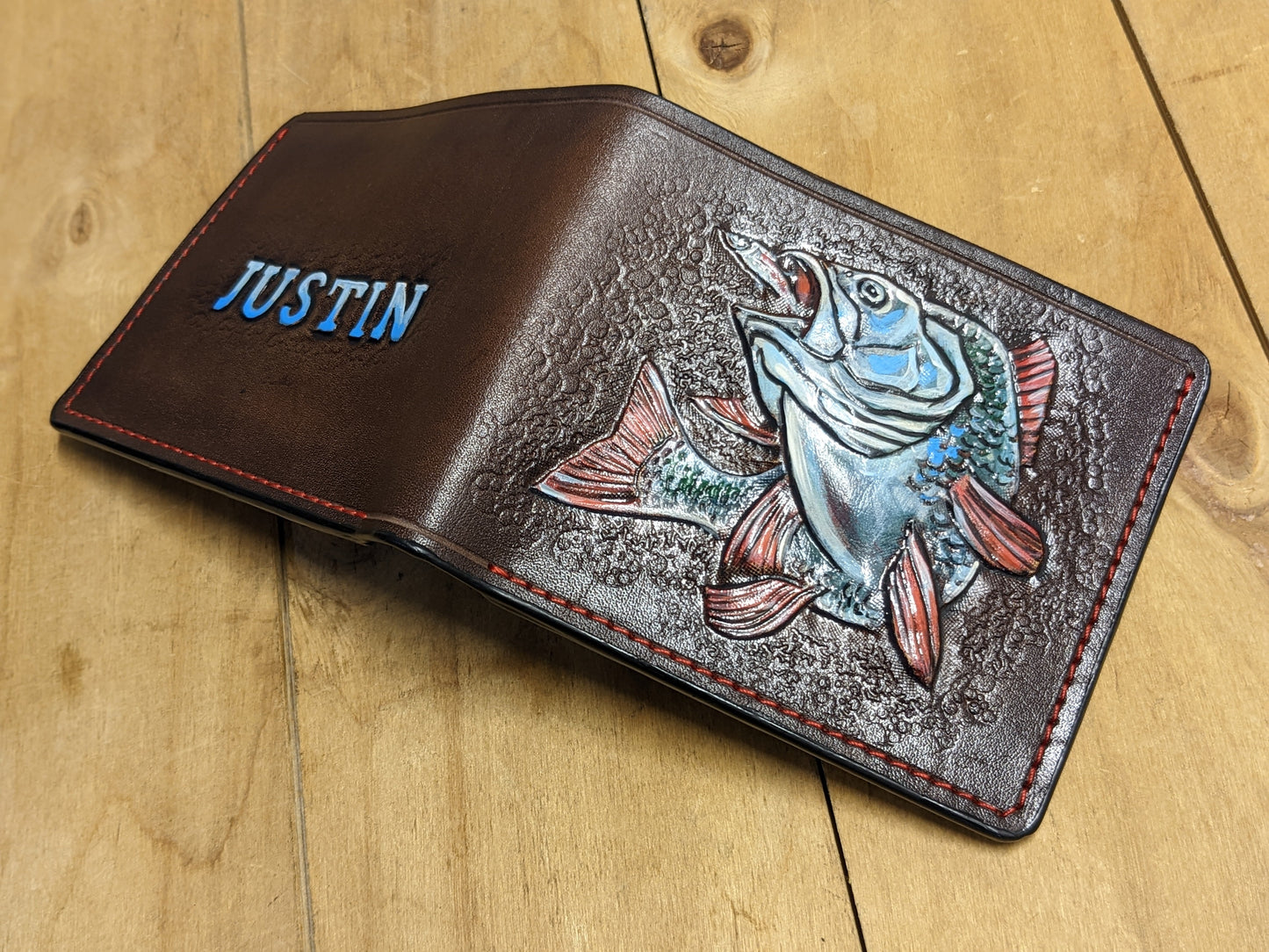 M1A22, Bass Fishing Handmade Embossed Bifold Leather Wallet