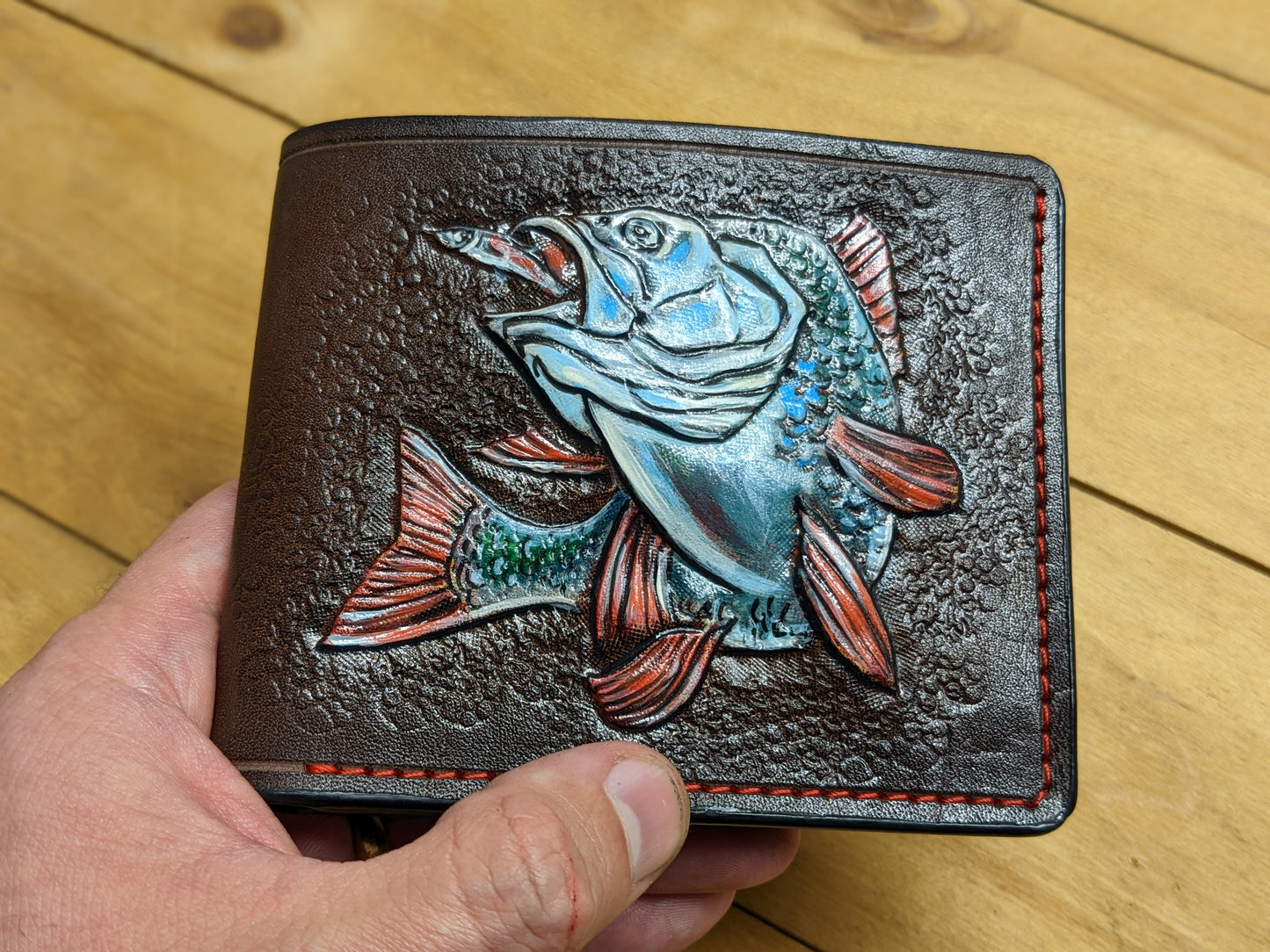 M1A22, Bass Fishing Handmade Embossed Bifold Leather Wallet