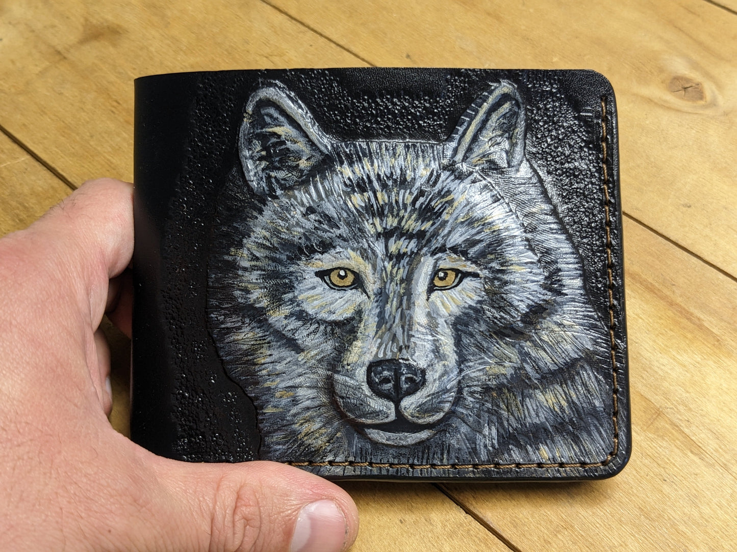 M1A19, Gray Wolf Handmade Embossed Bifold Leather Wallet