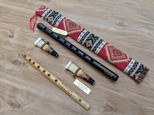 Armenian Engraved Duduk, 2 Professional Reeds, Case & Flute