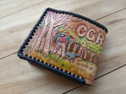 Shop the Hunter's Leather Wallet with pheasant hunting scene and rifle design. Handmade, RFID-protected, and perfect for outdoorsmen or as a Father's Day gift.