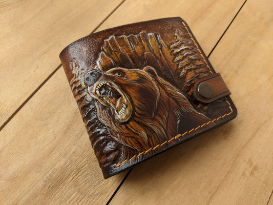 Handmade grizzly bear embossed leather bifold wallet for hunters. Perfect Father’s Day gift for him with RFID protection.