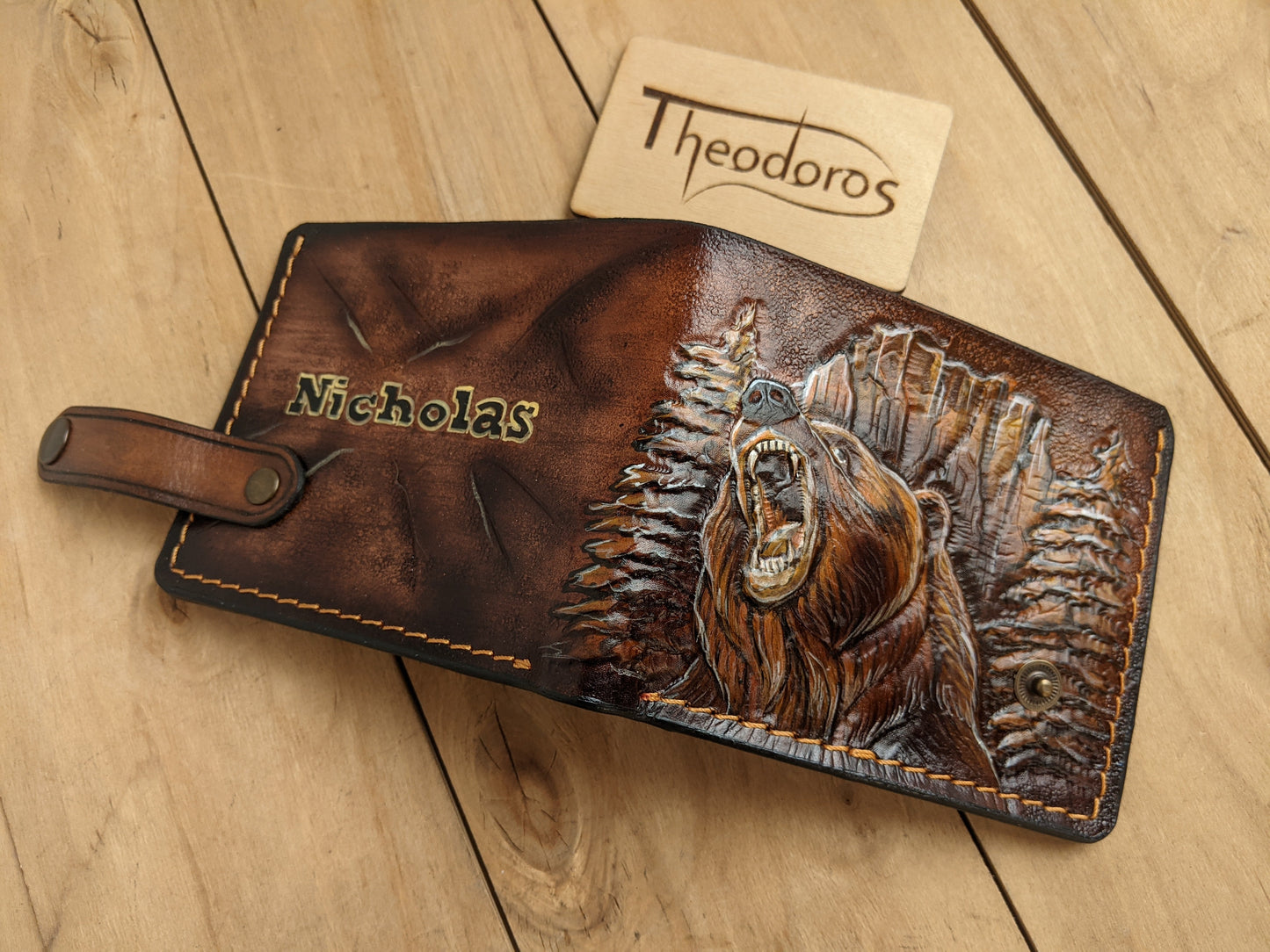 Handmade grizzly bear embossed leather bifold wallet for hunters. Perfect Father’s Day gift for him with RFID protection.