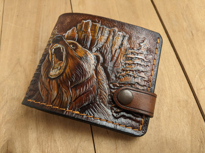 Handmade grizzly bear embossed leather bifold wallet for hunters. Perfect Father’s Day gift for him with RFID protection.