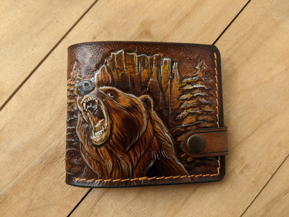 Handmade grizzly bear embossed leather bifold wallet for hunters. Perfect Father’s Day gift for him with RFID protection.