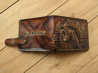 Handmade grizzly bear embossed leather bifold wallet for hunters. Perfect Father’s Day gift for him with RFID protection.