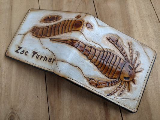 Handmade Eurypterid Sea Scorpion bifold leather wallet with fossil embossed design. Perfect gift for him with RFID protection.
