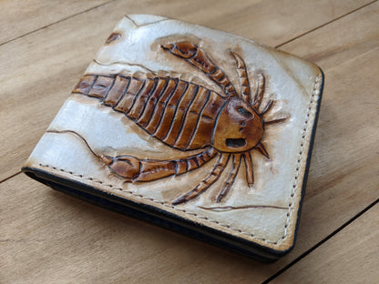 Handmade Eurypterid Sea Scorpion bifold leather wallet with fossil embossed design. Perfect gift for him with RFID protection.