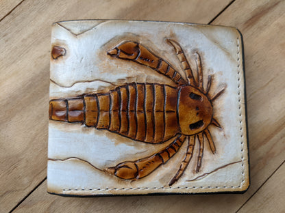 Handmade Eurypterid Sea Scorpion bifold leather wallet with fossil embossed design. Perfect gift for him with RFID protection.