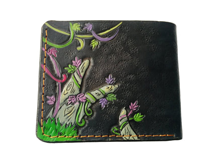 Handmade Odin Raven Huginn & Muninn bifold leather wallet. Embossed Crow with gothic fantasy art. Features RFID protection.