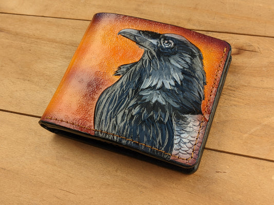 Handmade Odin Raven Huginn & Muninn bifold leather wallet. Embossed Crow with gothic fantasy art. Features RFID protection.