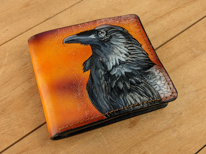 Handmade Odin Raven Huginn & Muninn bifold leather wallet. Embossed Crow with gothic fantasy art. Features RFID protection.