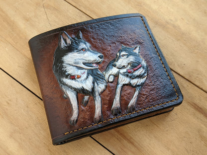 Shop the Siberian Husky & Alaskan Malamute Leather Wallet! Handmade, RFID-protected, and perfect for dog lovers. A unique gift for him with custom options!