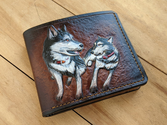 Shop the Siberian Husky & Alaskan Malamute Leather Wallet! Handmade, RFID-protected, and perfect for dog lovers. A unique gift for him with custom options!